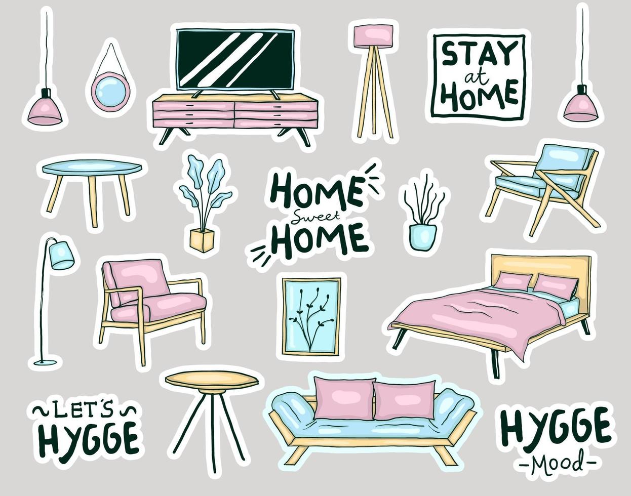 colorida colección de pegatinas de muebles para el hogar estilo hygge dibujadas a mano vector