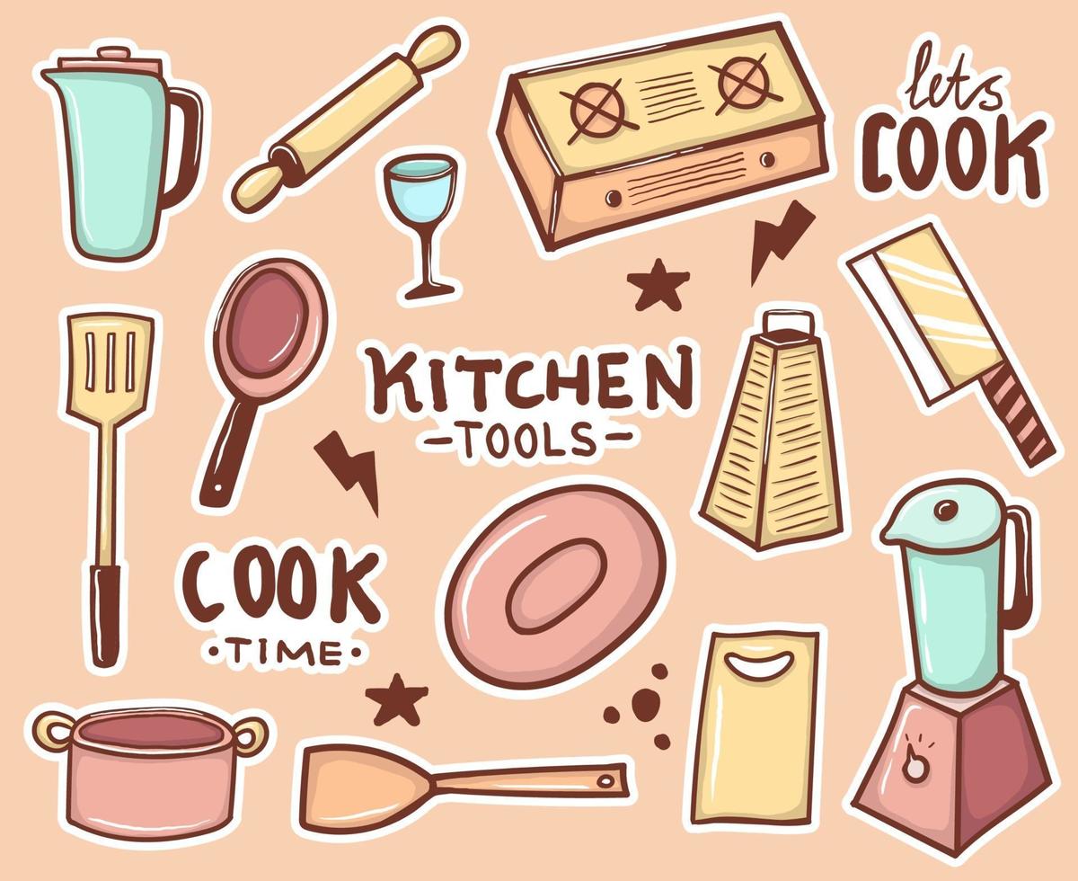 colorida colección de pegatinas de herramientas de cocina dibujadas a mano vector