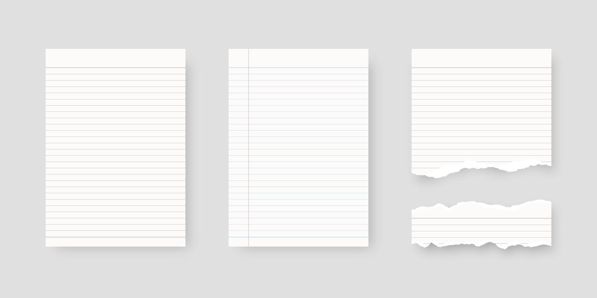 Notebook paper set. Sheet of lined paper template. Mockup isolated. Template design. Realistic vector illustration.