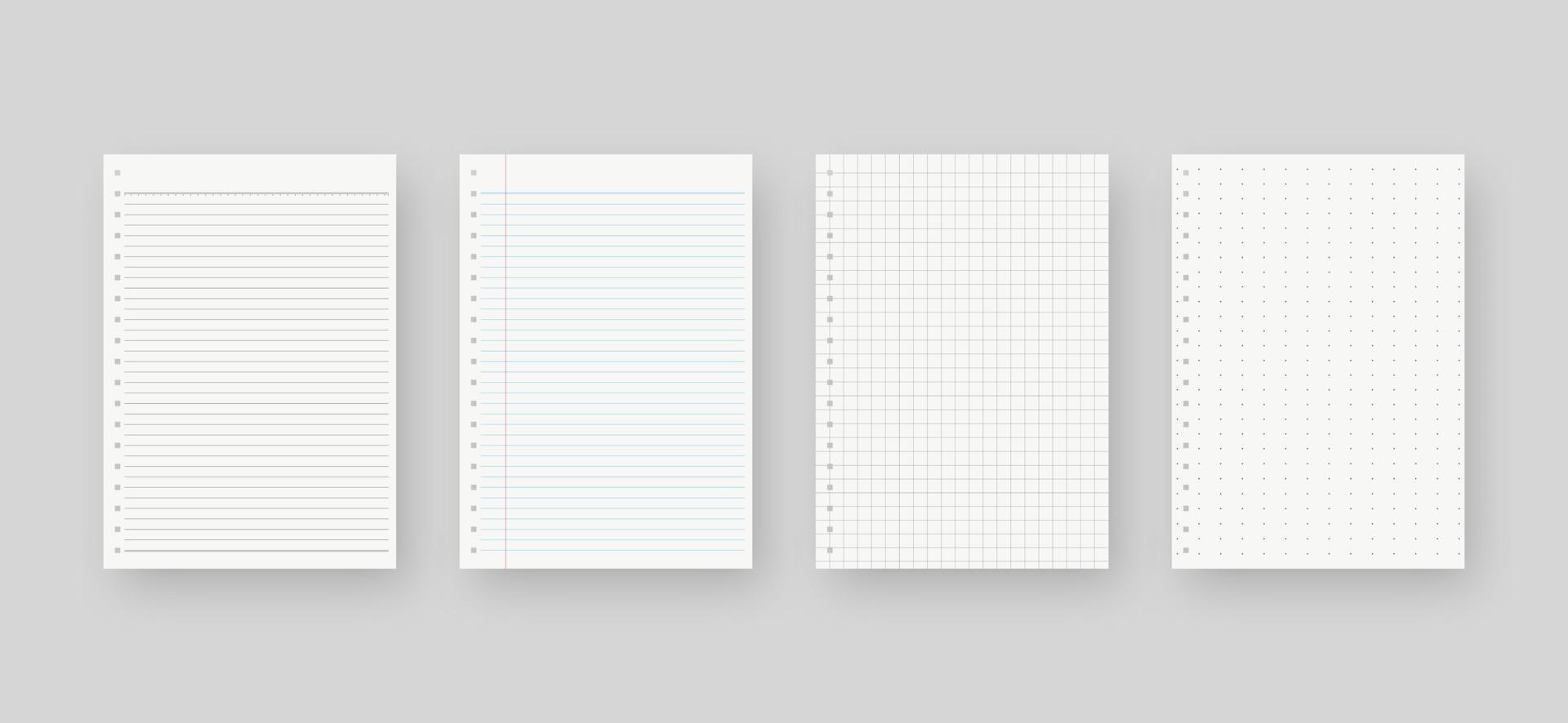 Notebook paper set. Sheet of lined paper template. Mockup isolated. Template design. Realistic vector illustration.