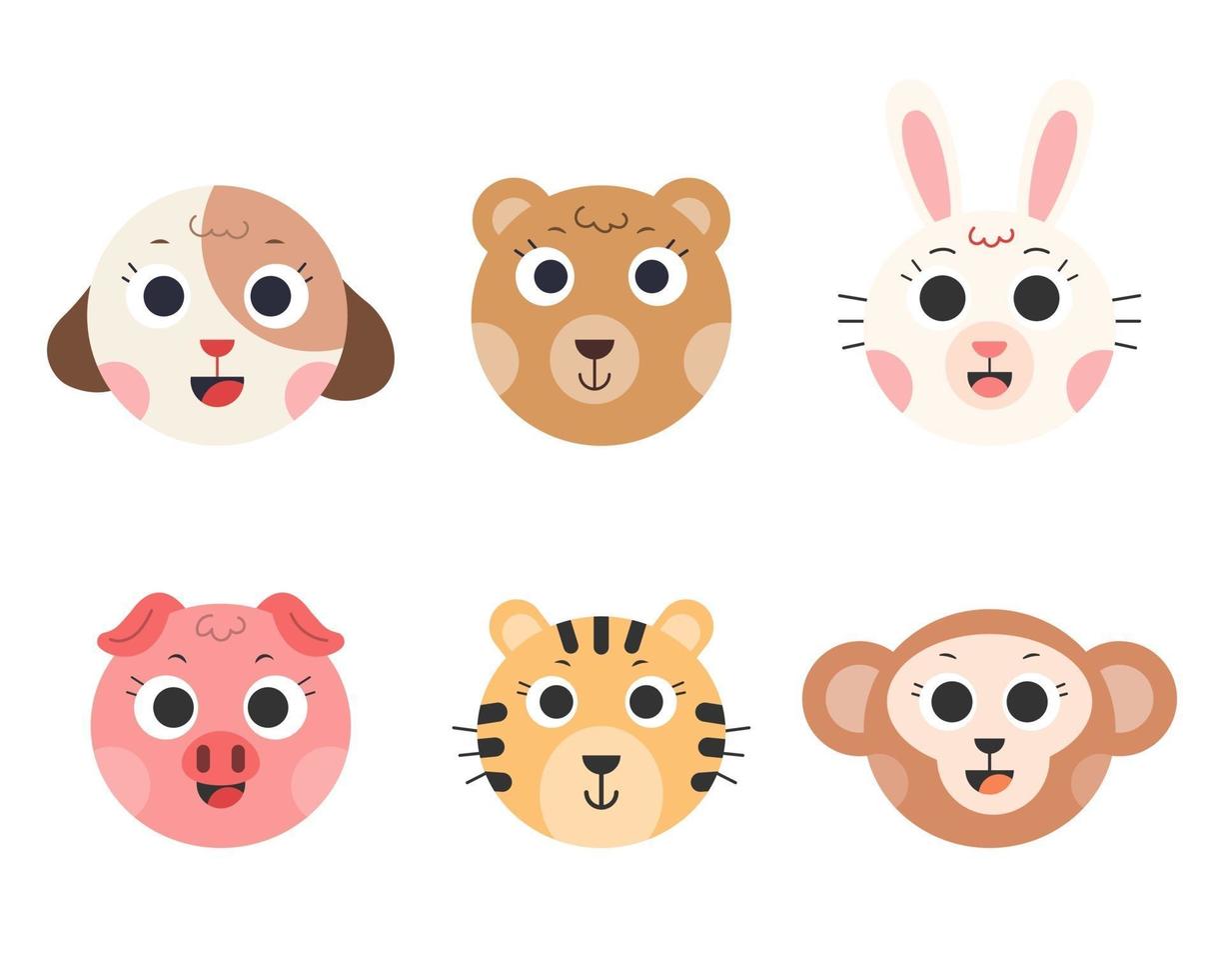 vector de animales lindos. cara de dibujos animados de animales. perro, oso, conejo, cerdo, tigre, mono. ilustración vectorial.