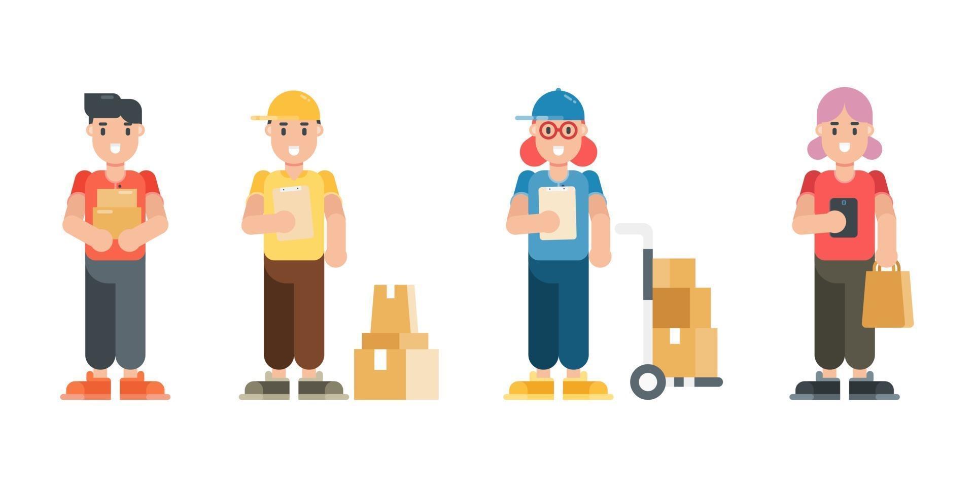 Set of delivery man and woman characters. Modern cartoon man and woman characters in flat style. Vector illustration.