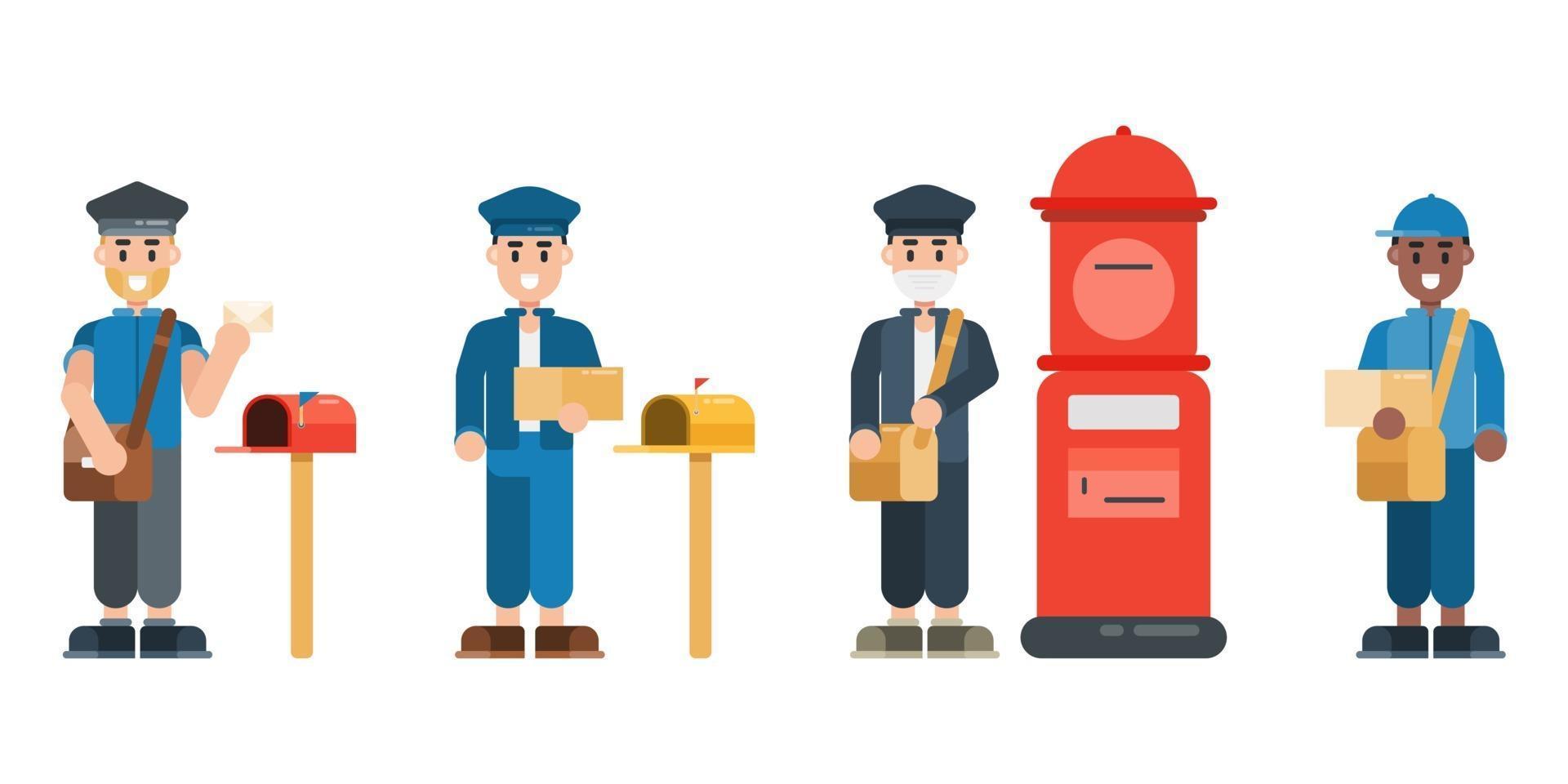 Set of postman characters. Postman wearing uniform with mailbox. Delivery service concept in flat design style. Vector illustration.