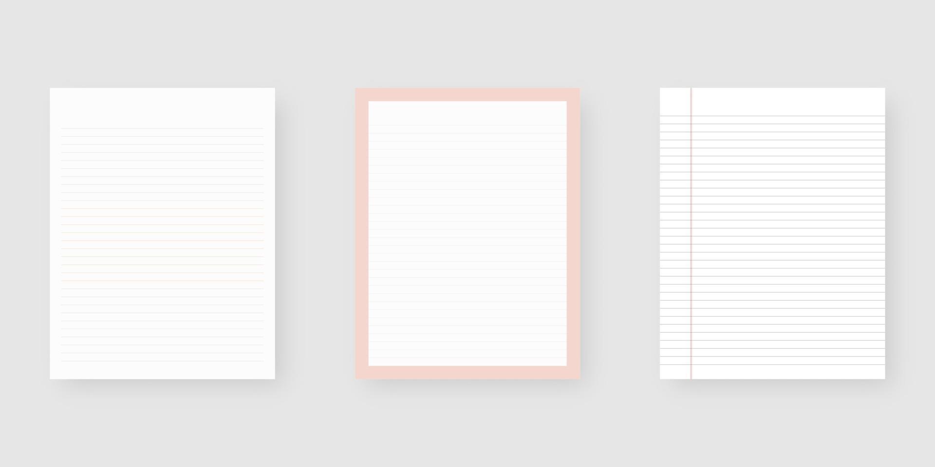 Notebook paper set. Sheet of lined paper template. Mockup isolated. Template design. Realistic vector illustration.