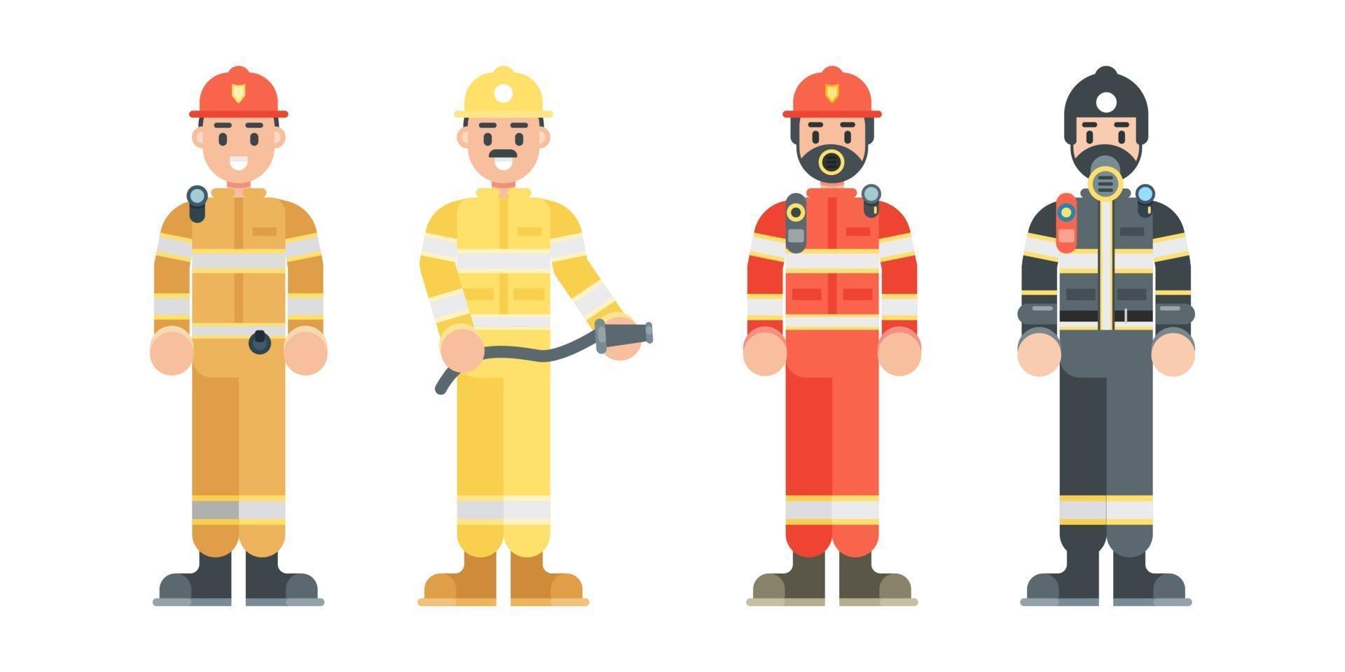 Set of fireman characters. Firefighter wearing uniform and helmet in flat style. Vector illustration.