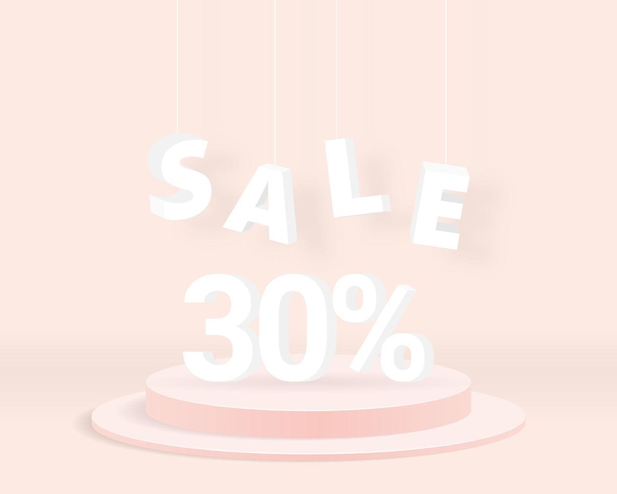 Sale 30 percent text with cylinder podium on pink background. Sale promotion banner. 3d vector illustration.