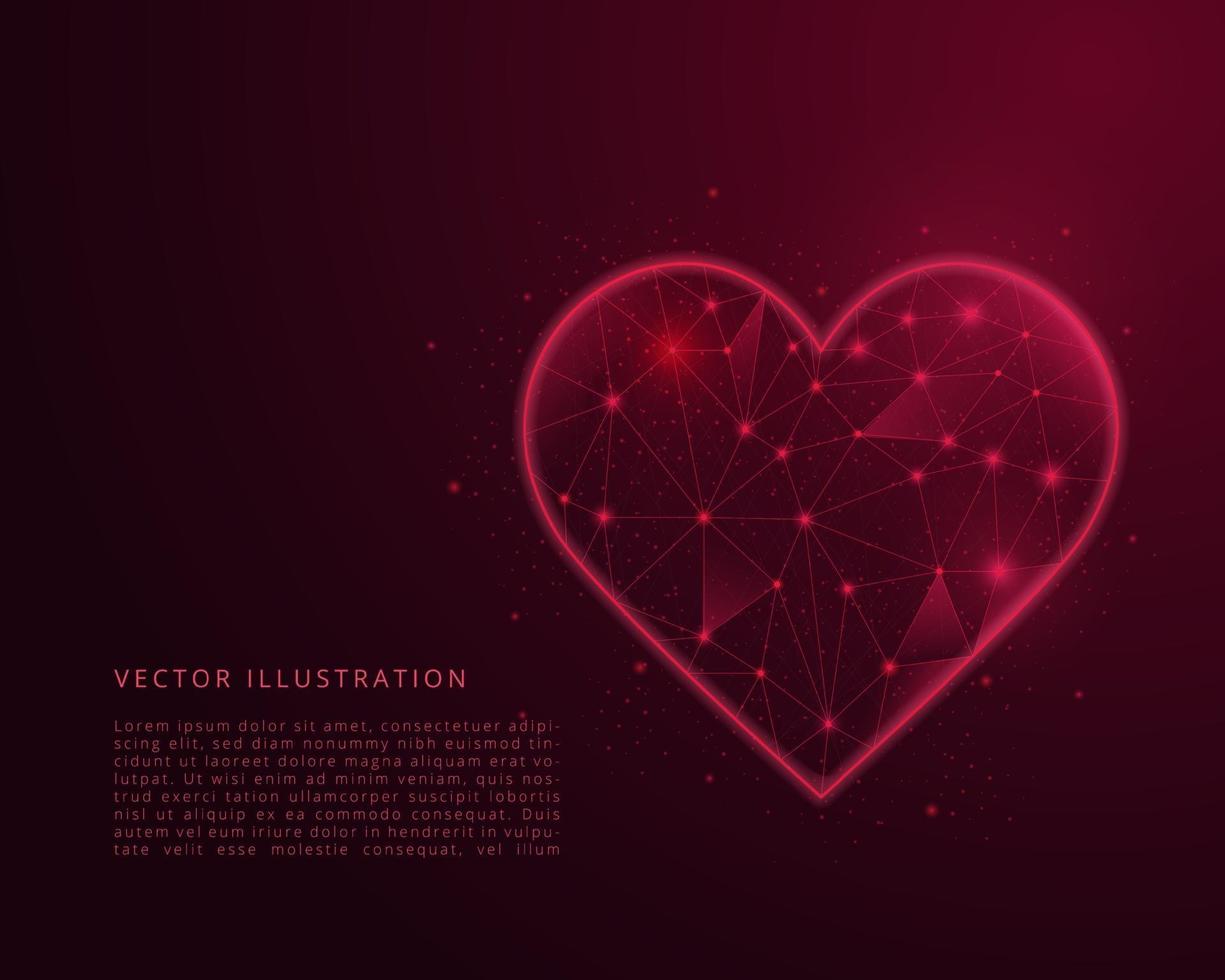 Abstract low poly heart. Polygonal wireframe illustration with lines and dots. Vector concept illustration.