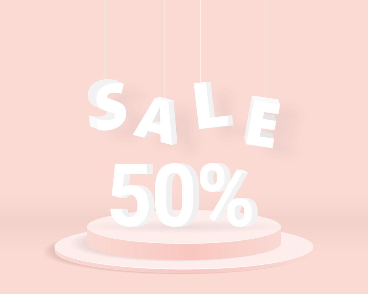 Sale 50 percent text with cylinder podium on pink background. Sale promotion banner. 3d vector illustration.