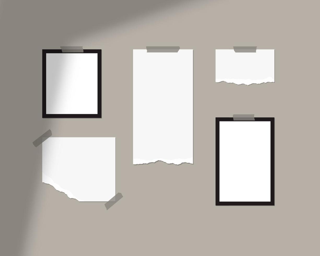 plantilla de maqueta de tablero de estado de ánimo. hojas vacías de papel blanco en la pared con superposición de sombras. vector de maqueta aislado. diseño de plantilla. ilustración vectorial realista.