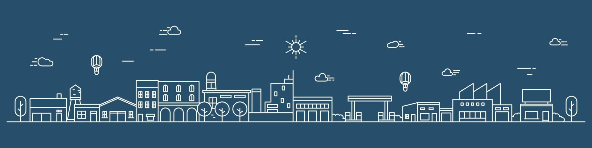 Vector landscape with houses, building, tree, sky. Suburban landscape. Flat line design vector.