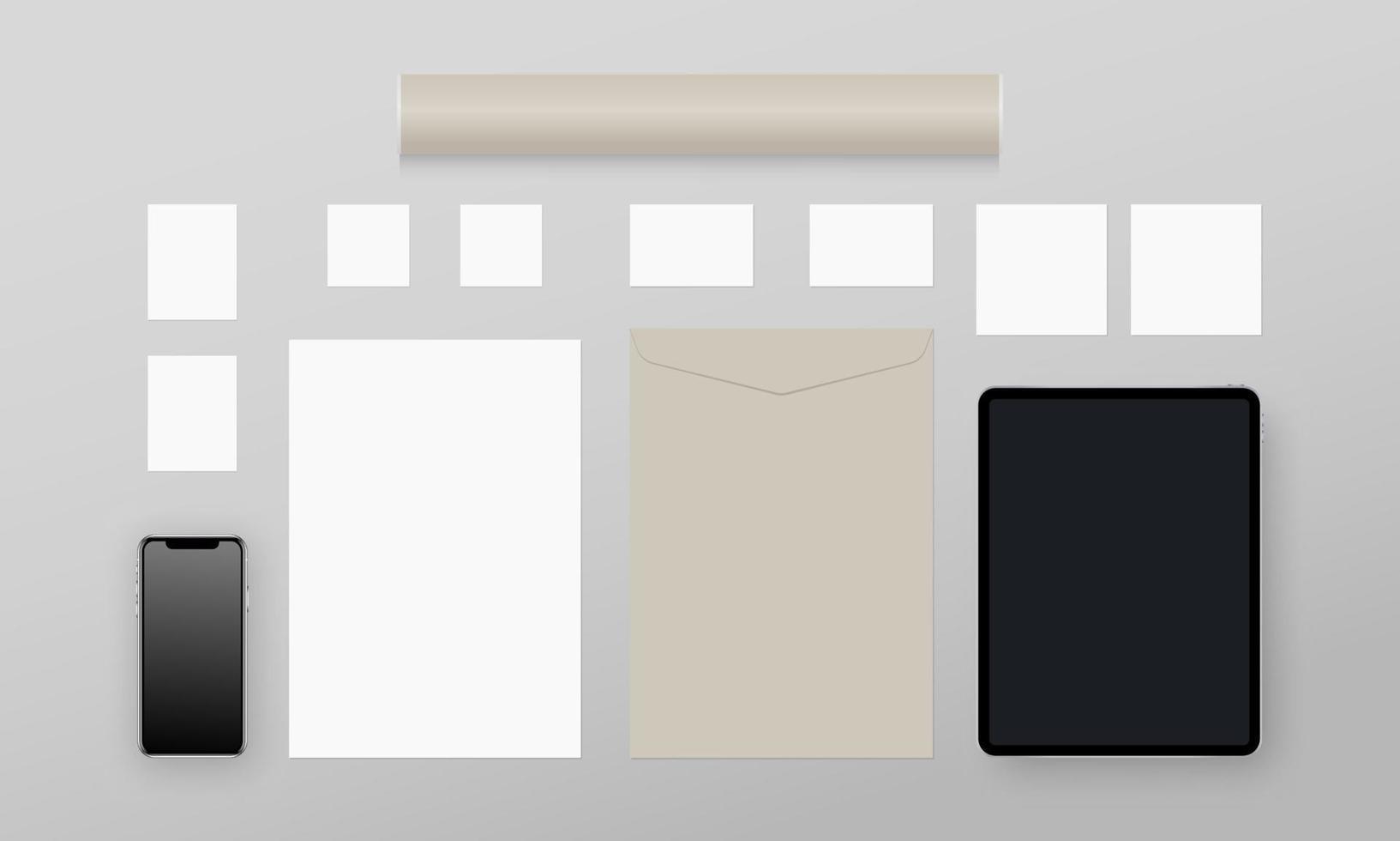 Business stationery mockup. Paper, Business cards, Cards, Envelope, Smartphone, Tablet, Paper tube. Corporate identity template set. Realistic vector illustration.