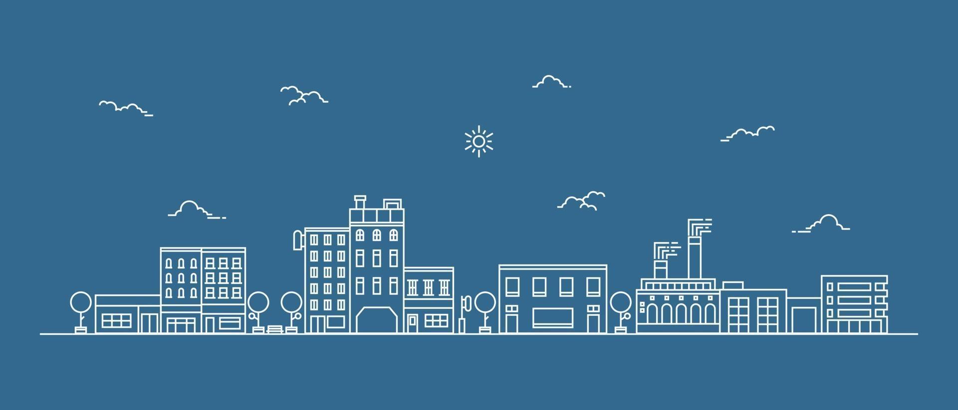 Urban landscape with a thin line style. Cityscape flat line design. Vector illustration.