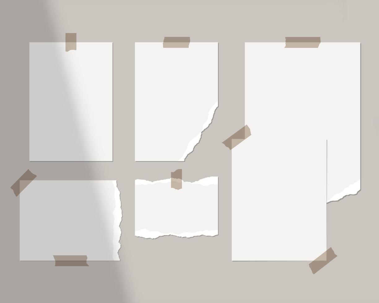 Mood board mockup template. Empty sheets of white paper on the wall with shadow overlay. Mockup vector isolated. Template design. Realistic vector illustration.