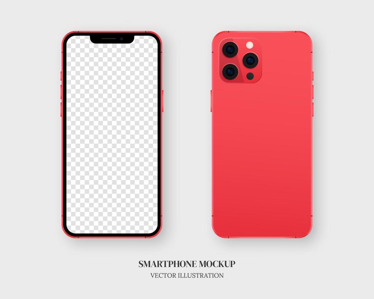 Smartphone mockup vector. Blank red smartphone in front and back isolated on grey background. Mockup vector isolated. Template design. Realistic vector illustration.