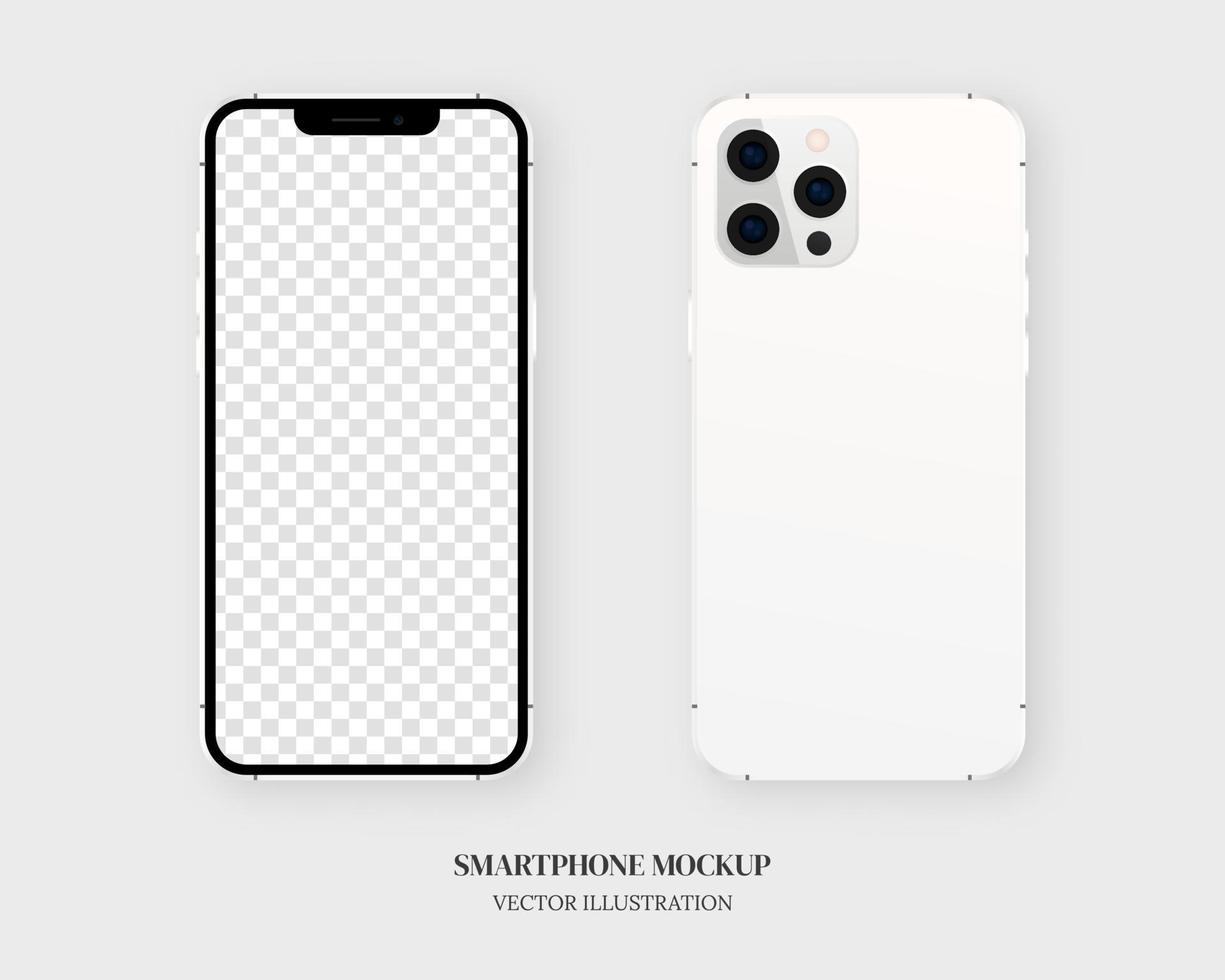 Smartphone mockup vector. Blank white smartphone in front and back isolated on grey background. Mockup vector isolated. Template design. Realistic vector illustration.