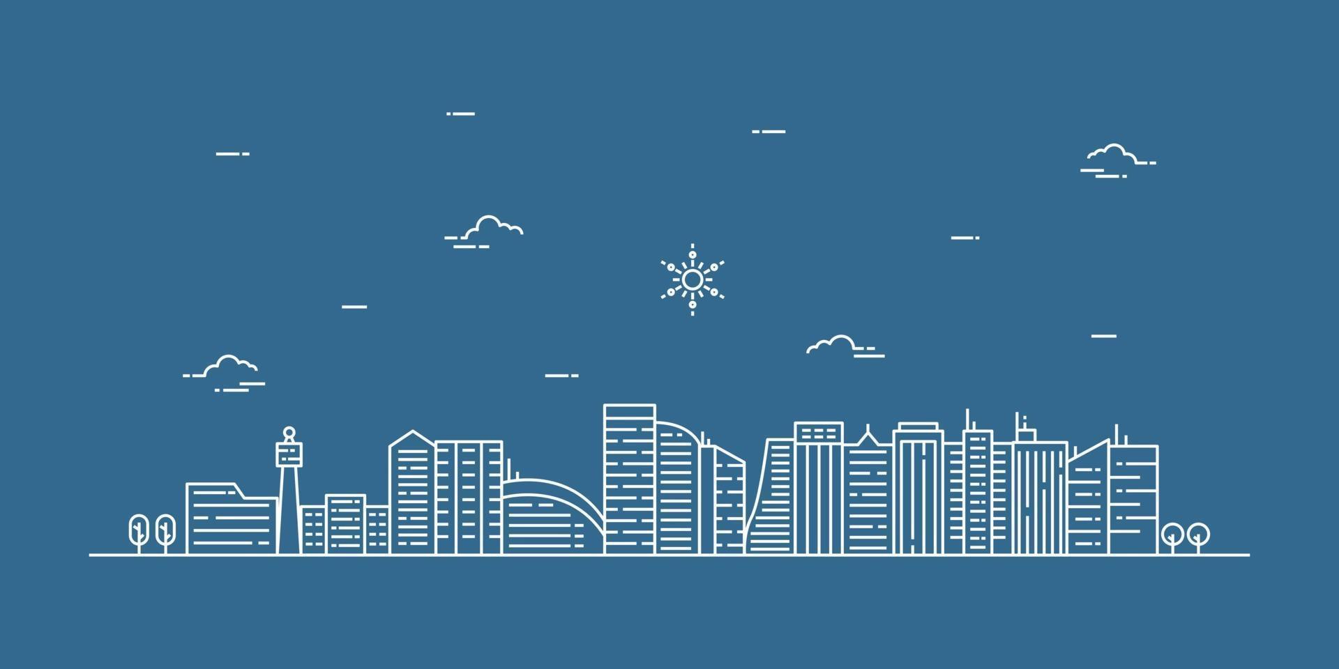 vector de arte de línea de paisaje de la ciudad. paisaje urbano de línea fina con edificio, nubes, sol. ilustración vectorial.