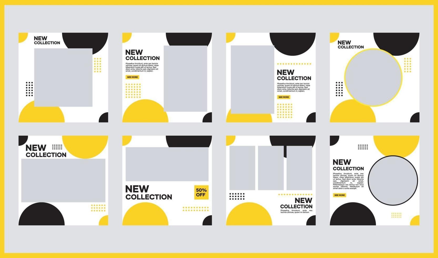 A collection of editable minimal square banner templates for social media content. White, black, and yellow background colors. Suitable for social media posts and website internet advertising vector