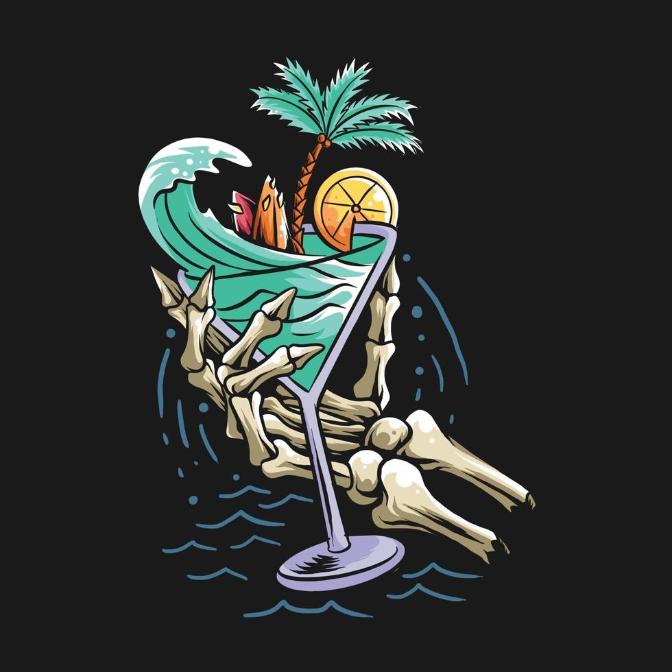 summer design concept beach skull hand holding a glass filled with sea waves, coconut trees and a surf board vector