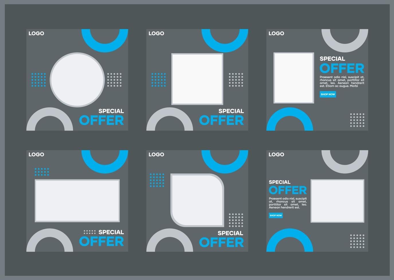 paquete de plantillas de redes sociales. con fondo negro y variaciones de azul. adecuado para publicaciones en redes sociales y publicidad en Internet en sitios web vector