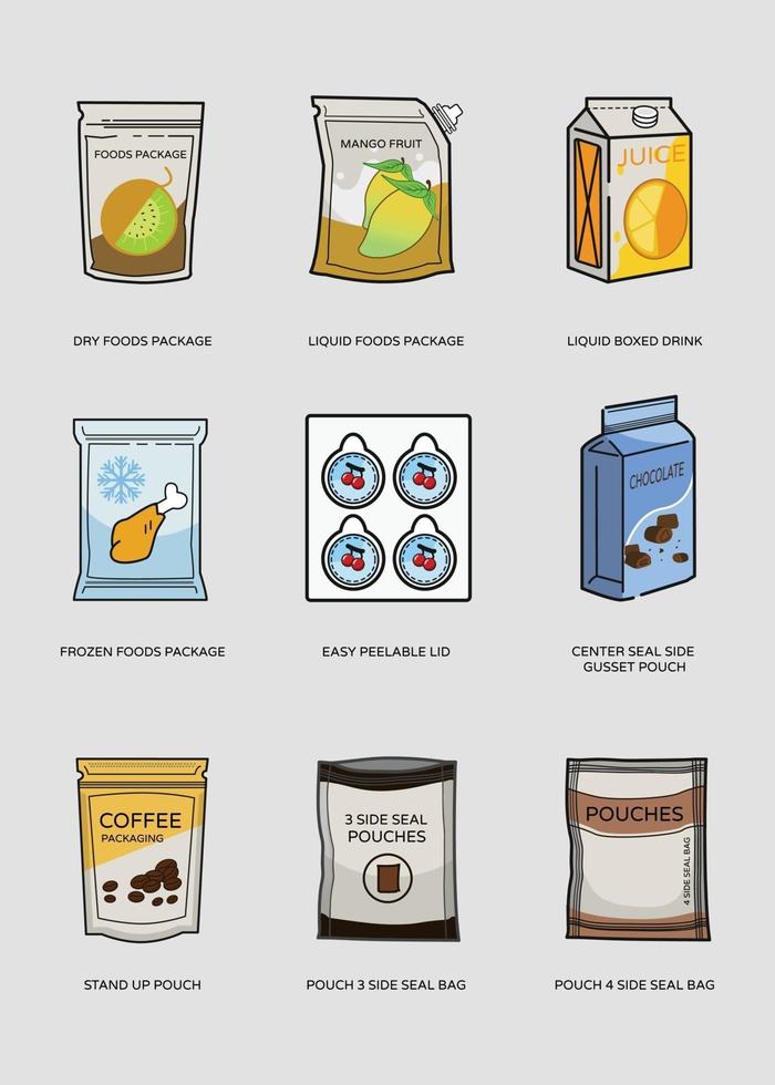 Flexible and pouch packaging set of flat icons vector