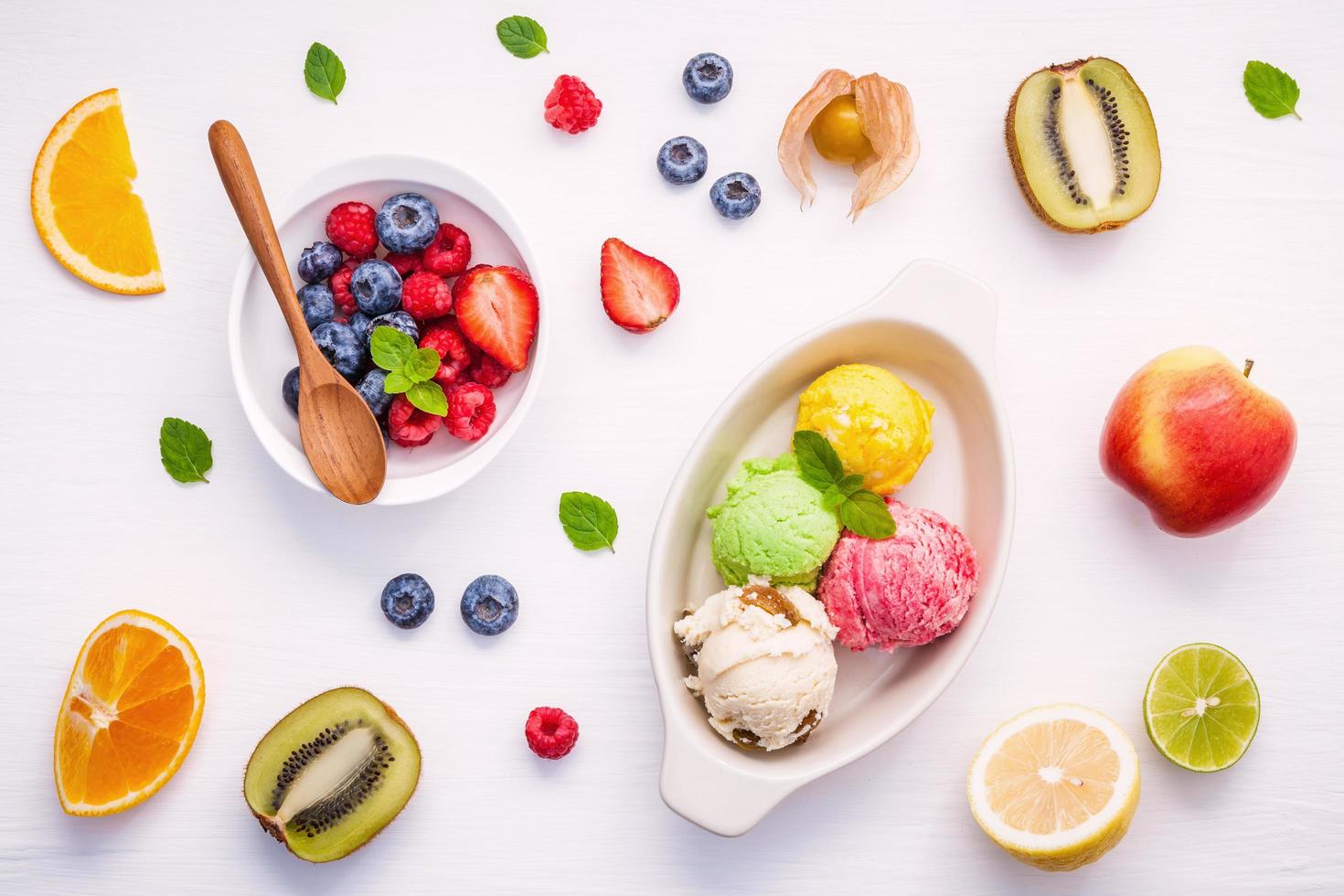 Top view of ice cream and fruit photo