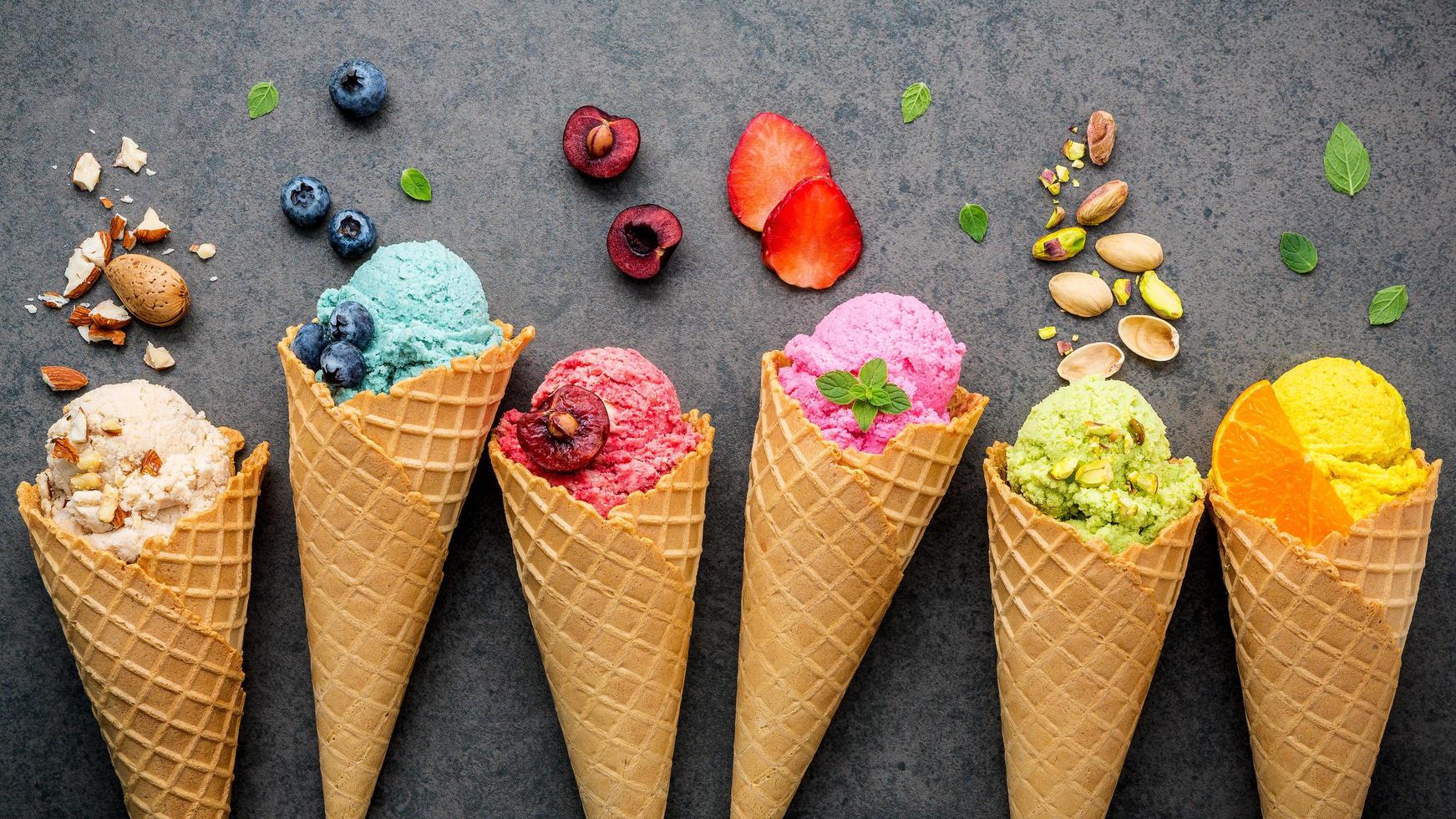 Ice cream with fruit and nuts photo