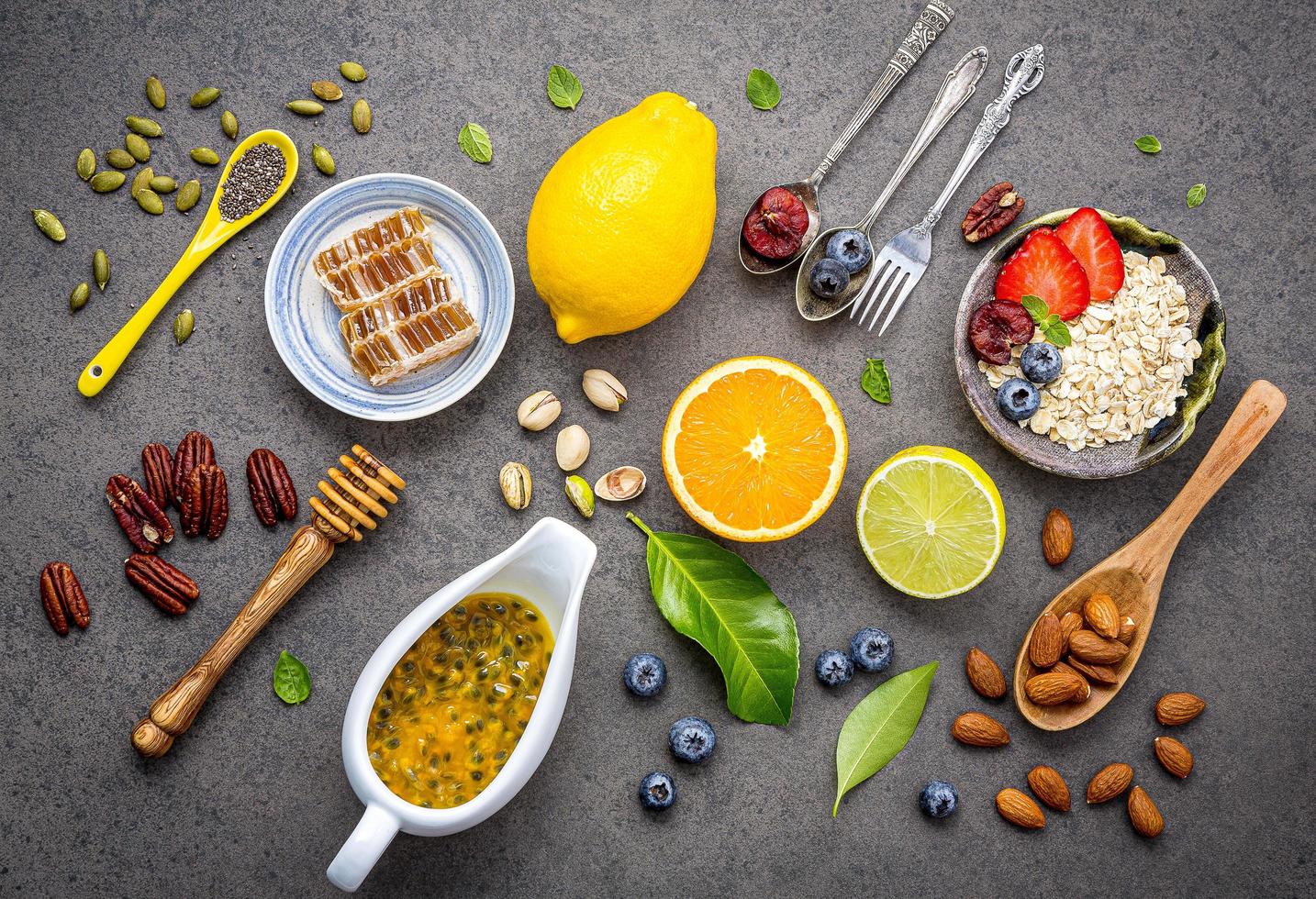 Healthy foods flat lay photo