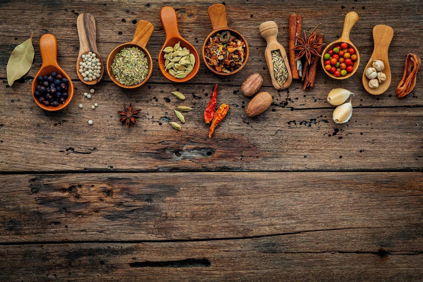 Spices in wooden spoons on a wooden background with copy space photo