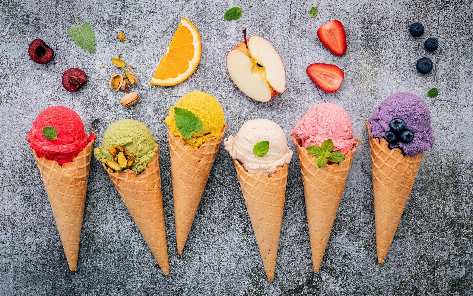 Fruit and ice cream on concrete photo