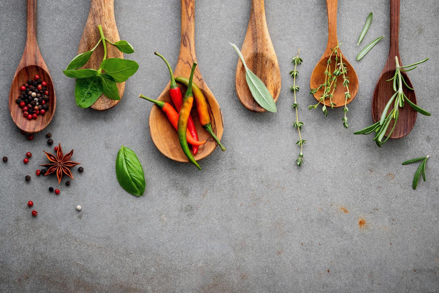 Various of spices and herbs in wooden spoons on concrete photo