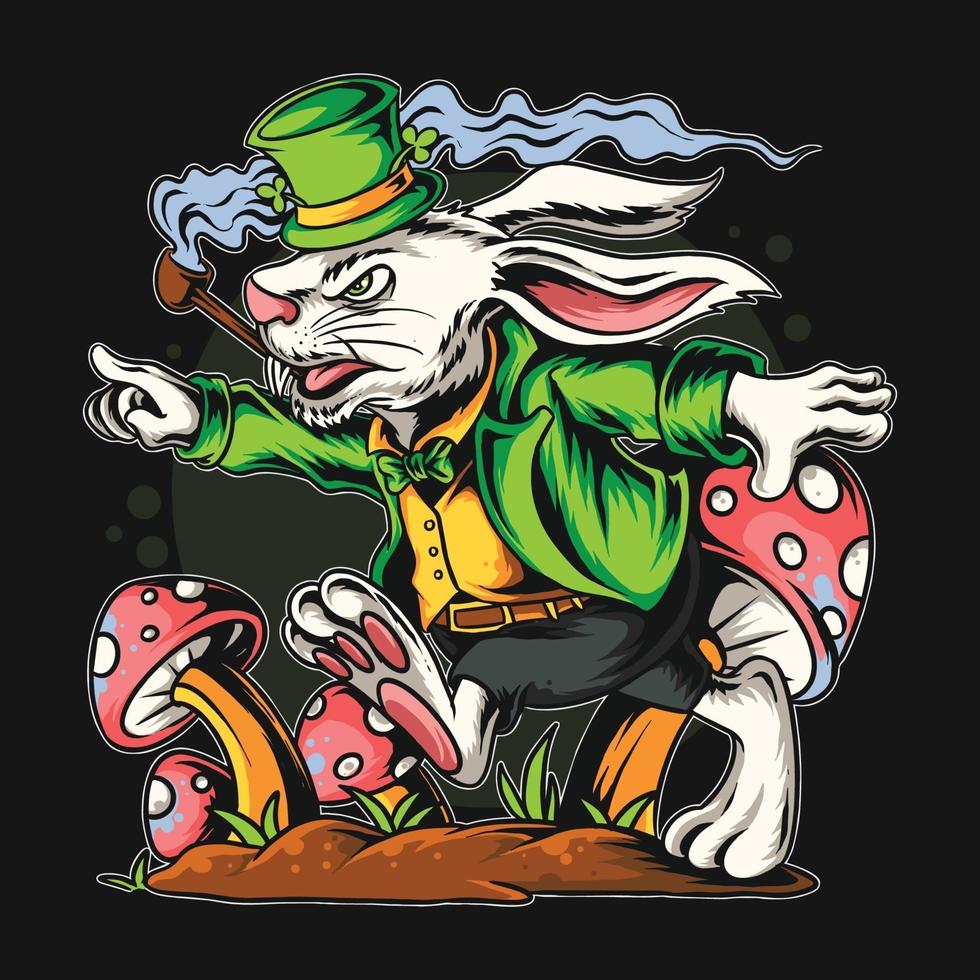 rabbit St. Patrick's Day running in the mushroom field vector