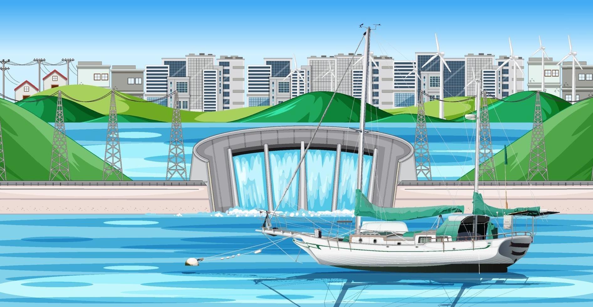 Presa en la escena de la ciudad con un barco. vector