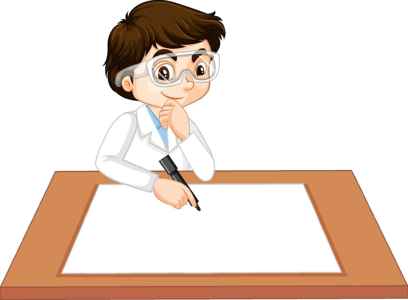 A boy wearing scientist gown with empty paper on the table vector