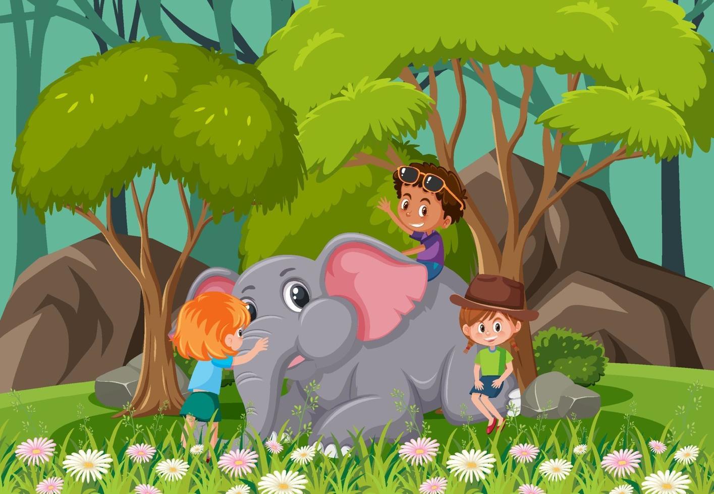 Forest scene with children playing with an elephant vector