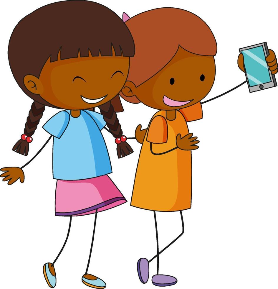 Two girls cartoon character taking a selfie in hand drawn doodle style isolated vector