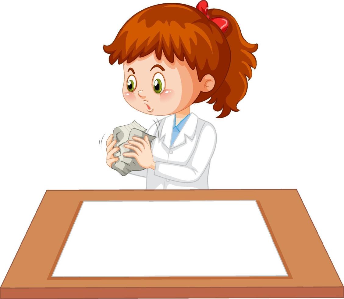 Linda chica con uniforme científico con papel en blanco sobre la mesa vector