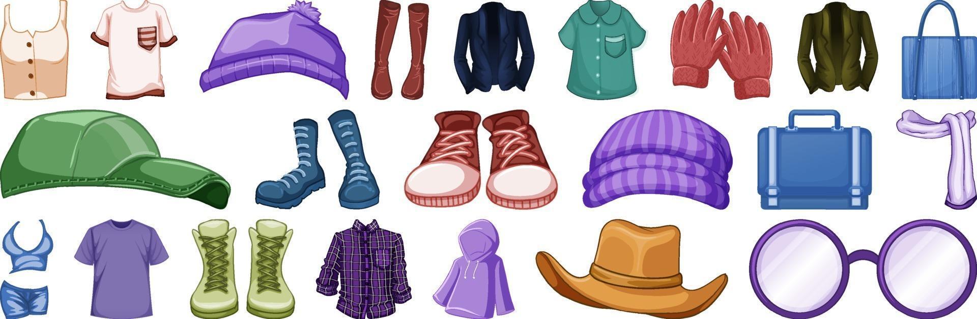 Set of fashion outfits and accessories on white background vector