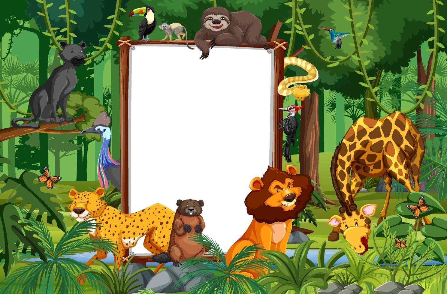 Blank banner in the rainforest scene with wild animals vector