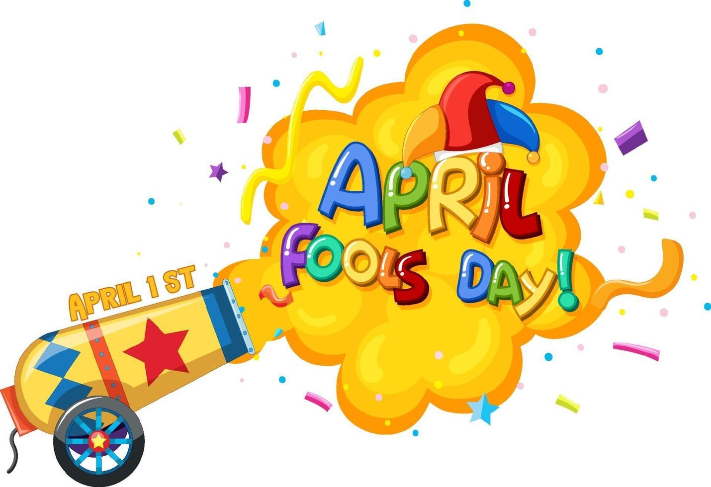 April Fool's Day font logo with Jester hat and confetti explosion vector