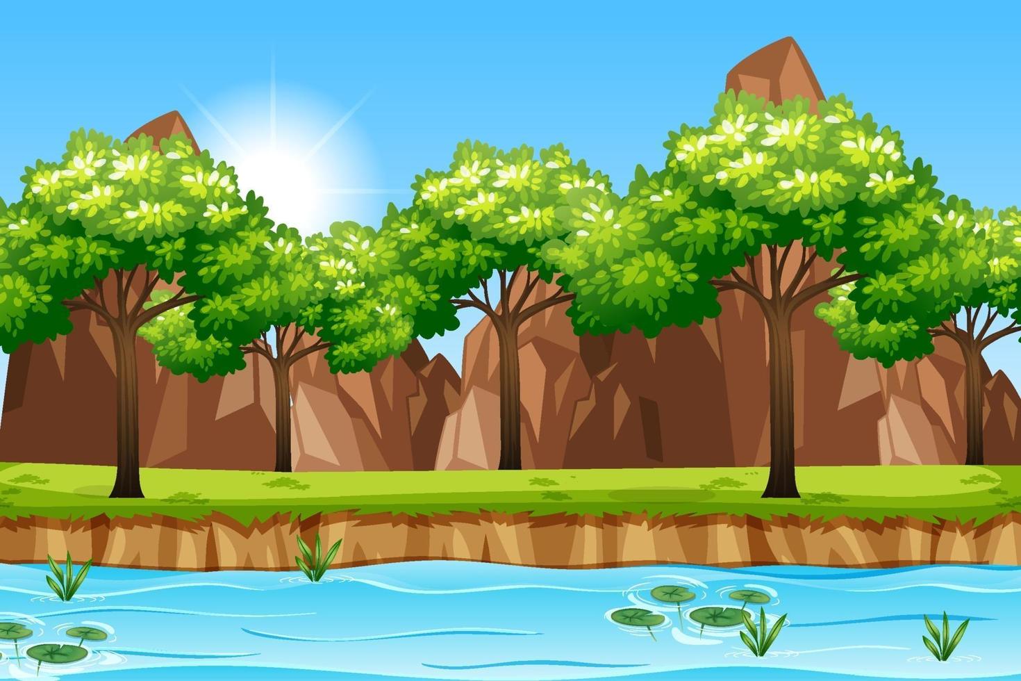 Escena del parque vacío con muchos árboles y río. vector