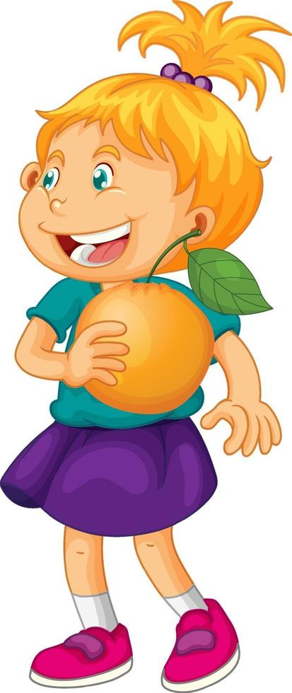 Una niña sosteniendo un personaje de dibujos animados de fruta naranja aislado sobre fondo blanco. vector