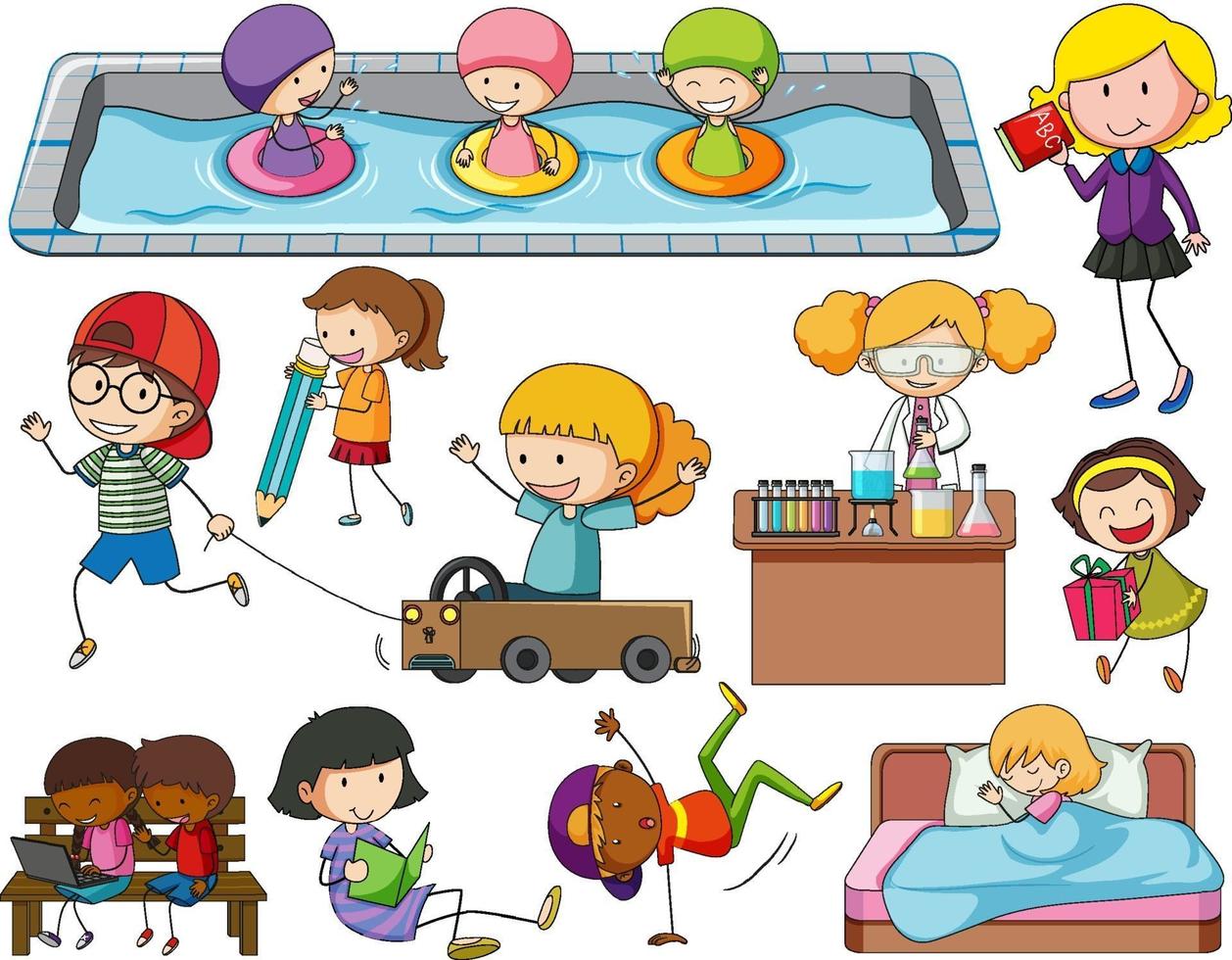 Set of different doodle kids cartoon character vector