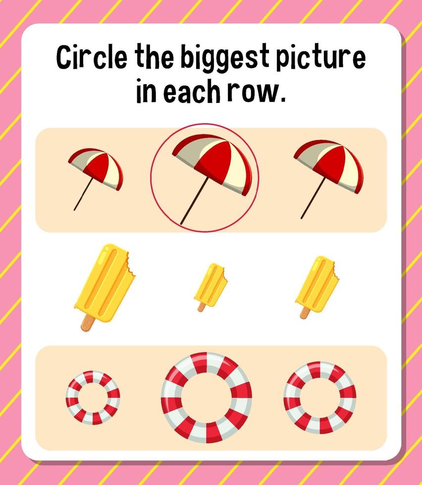 Circle the biggest picture in each row worksheet for children vector