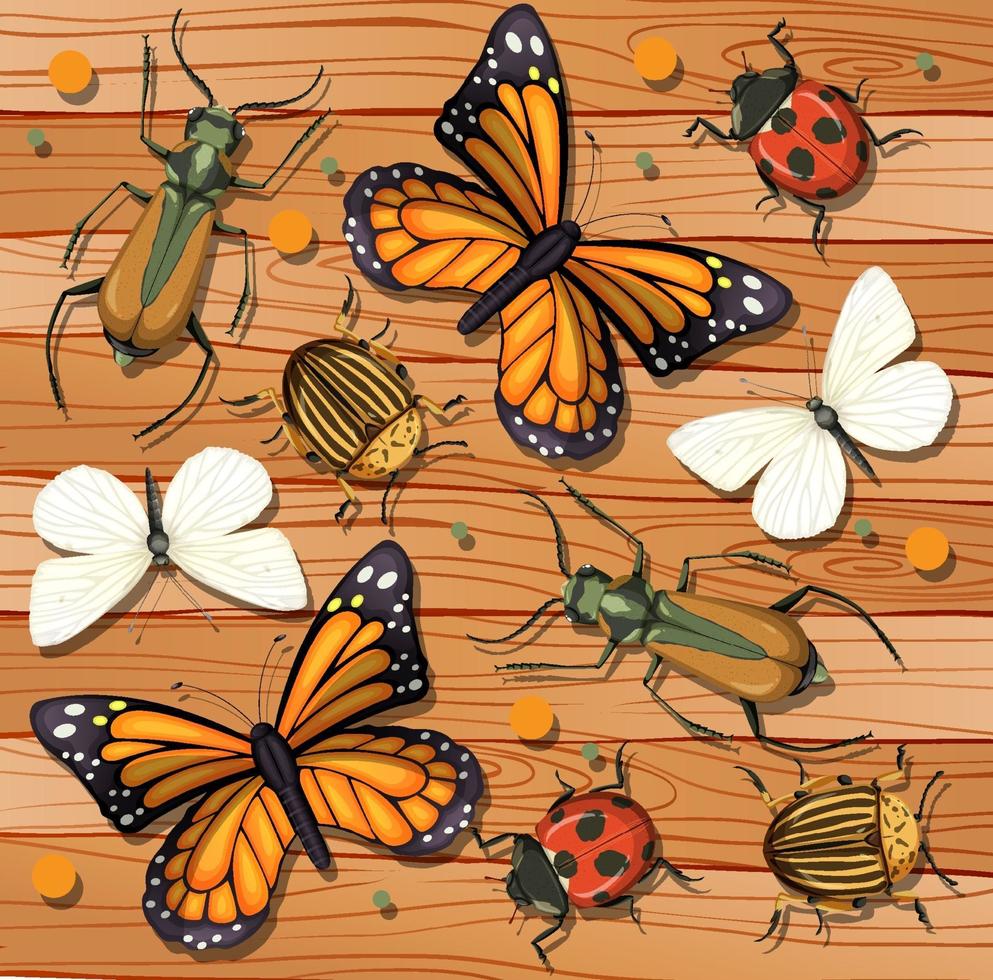 Set of different insects on wooden wallpaper background vector