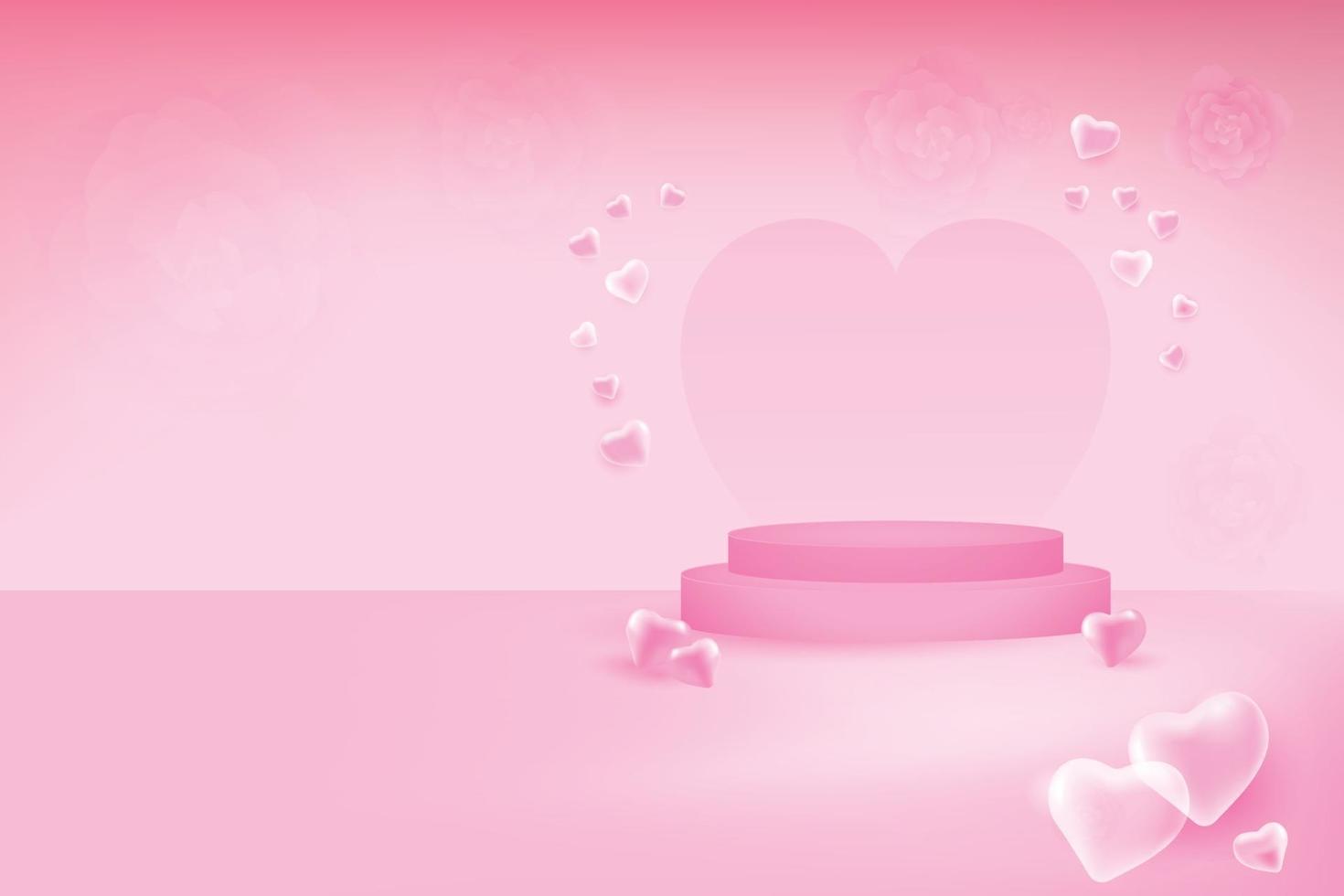 Valentine's day concept art presentation. Vector illustration. 3d  pink bubble hearts on the podium stage.
