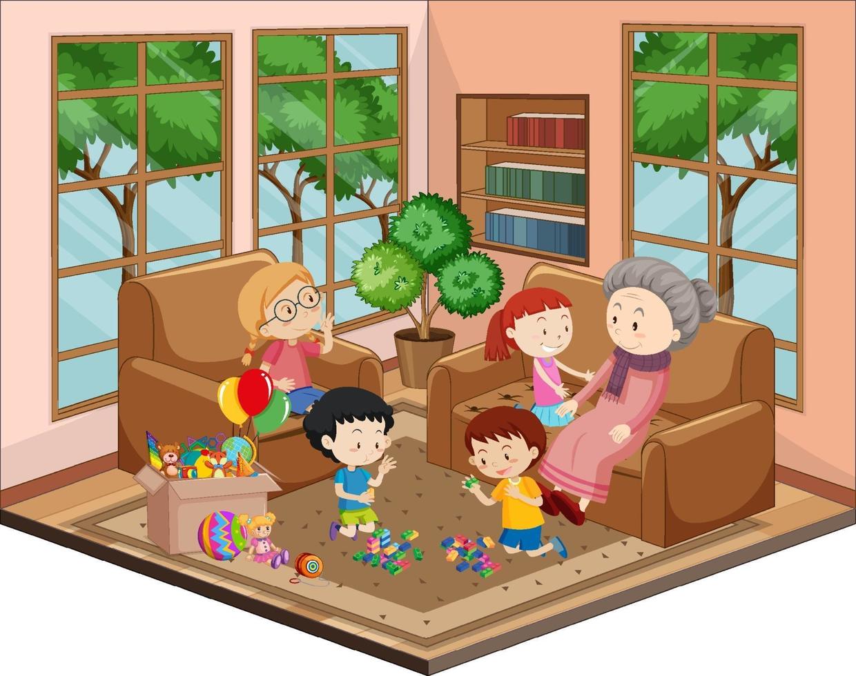 Granny with grandchildren in the living room with furnitures vector