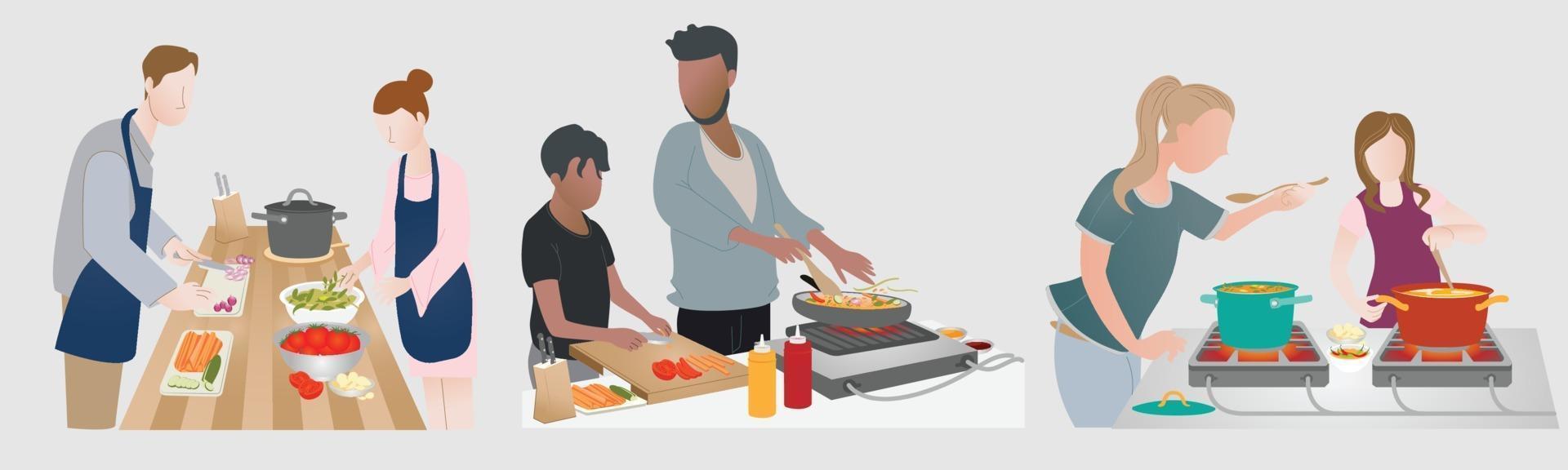 Couple of 3 families preparing food for their meal. Preparation food for making dish. Enjoy hobbies vector