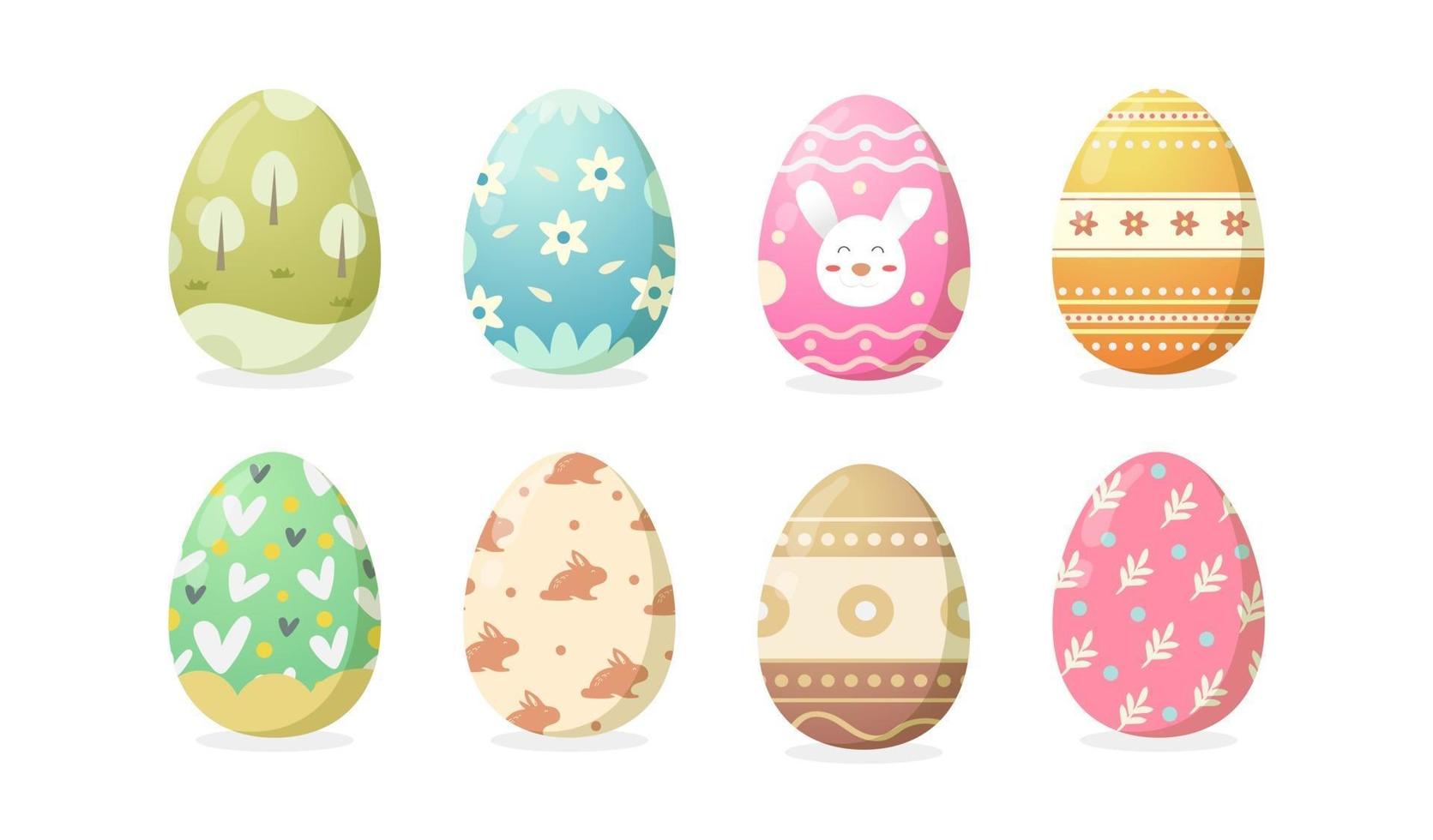 Conjunto de huevos de Pascua felices con diferente textura o patrón sobre fondo blanco. vector lindo huevos en vacaciones de primavera