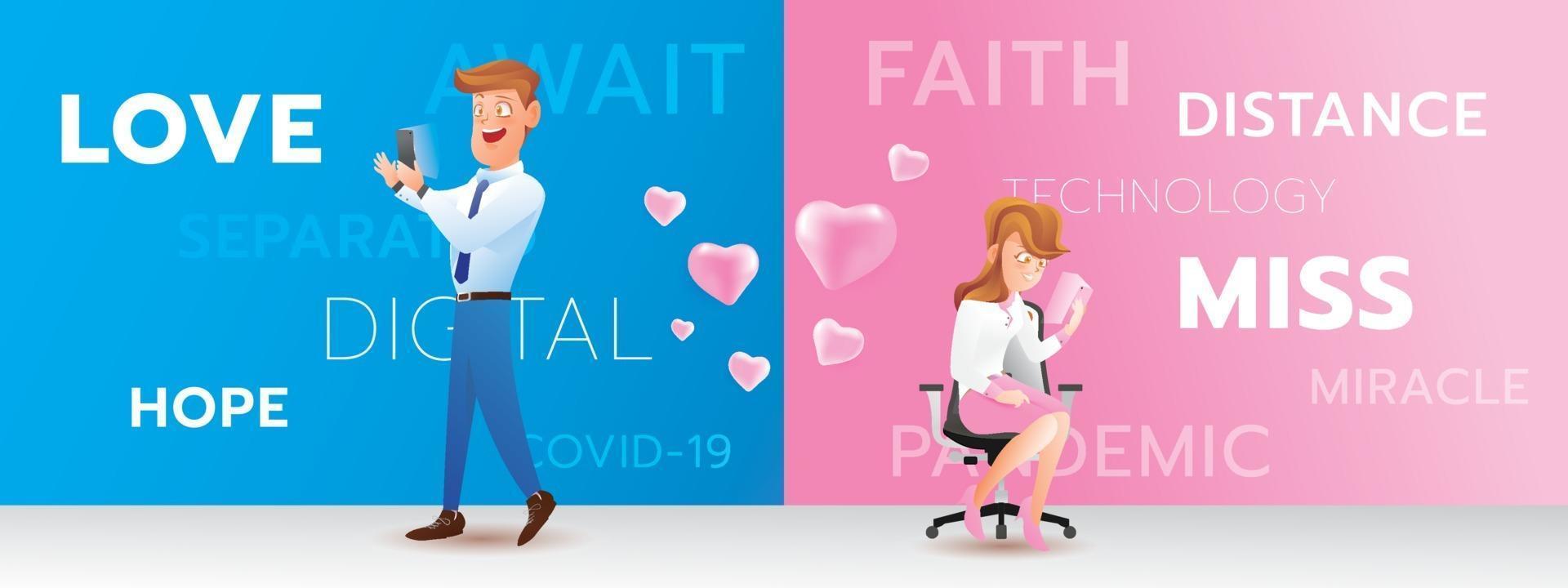 Contacto de dibujos animados de pareja con emoción de amor, la tecnología digital puede ayudar a las personas vector