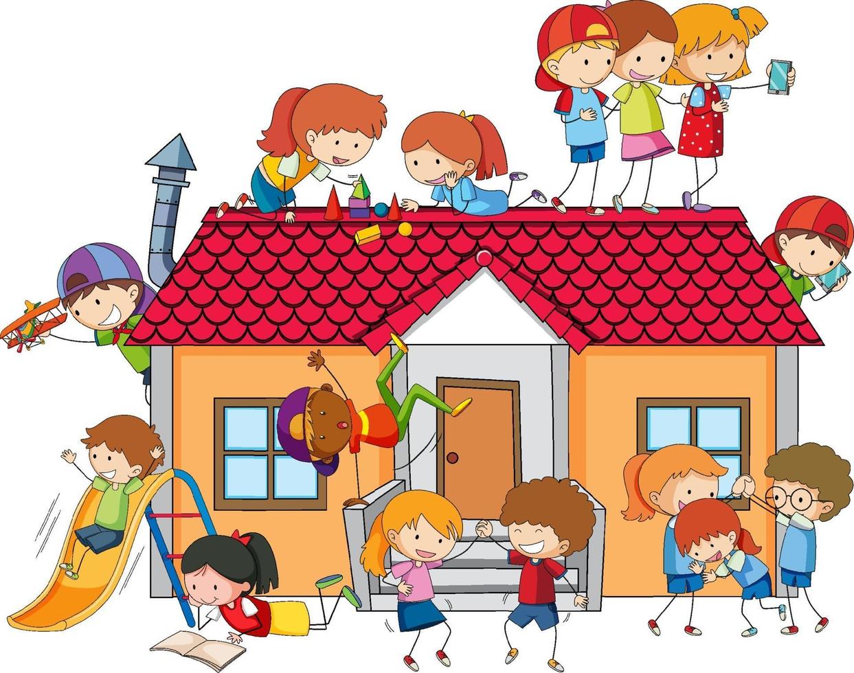 Many kids doing different activities around the house vector